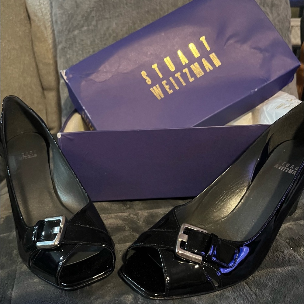 Stuart Weitzman Black Patent Peep Toe Heels